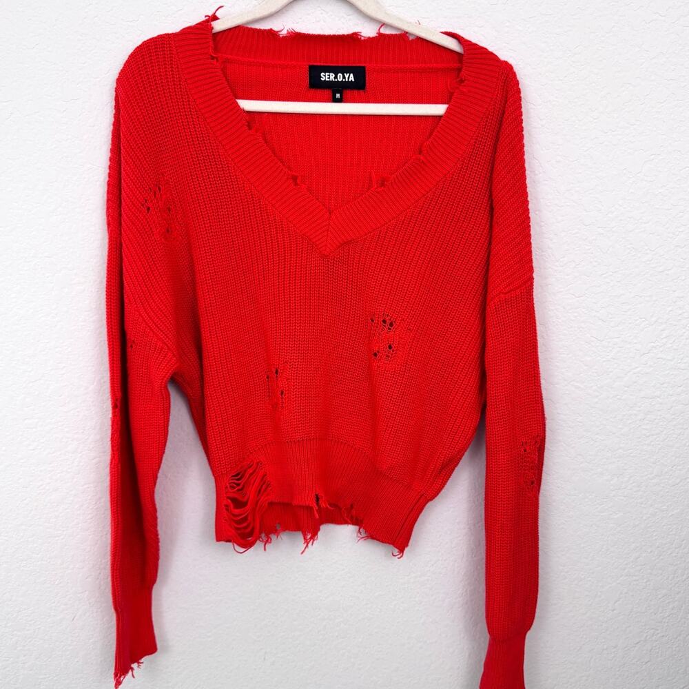 SER.O.YA Womens Syd Distroyed Sweater Size M Distressed V Neck Cotton Orange